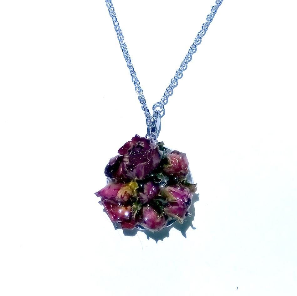 Real rose pendant lucky charm rose buds necklace botanical jewelry pendant handpicked dry plants roses amulet unique gift