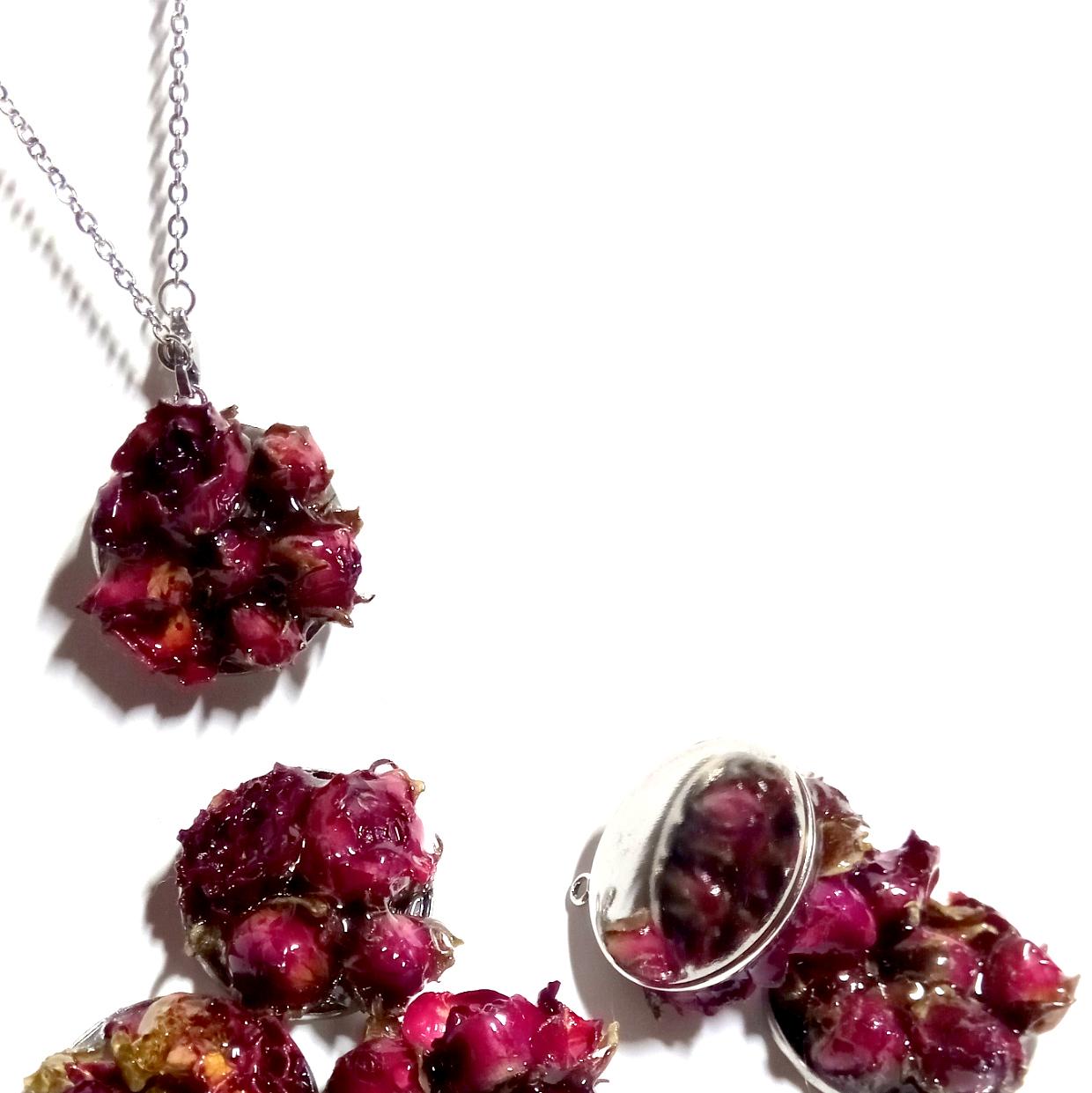 Real rose pendant lucky charm rose buds necklace botanical jewelry pendant handpicked dry plants roses amulet unique gift