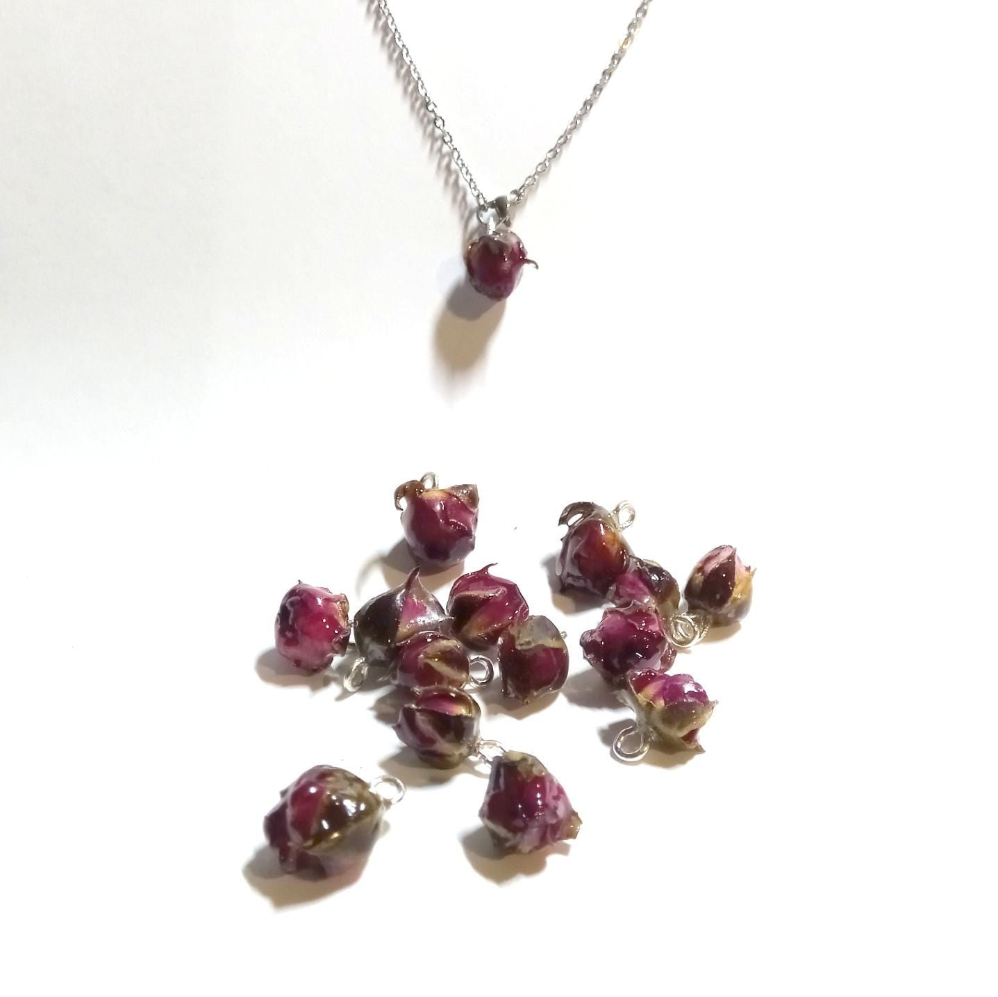Real rose pendant single rose bud necklace botanical jewelry pendant handpicked dried rose amulet gift