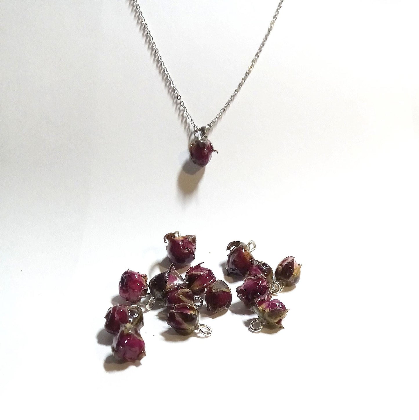 Real rose pendant single rose bud necklace botanical jewelry pendant handpicked dried rose amulet gift