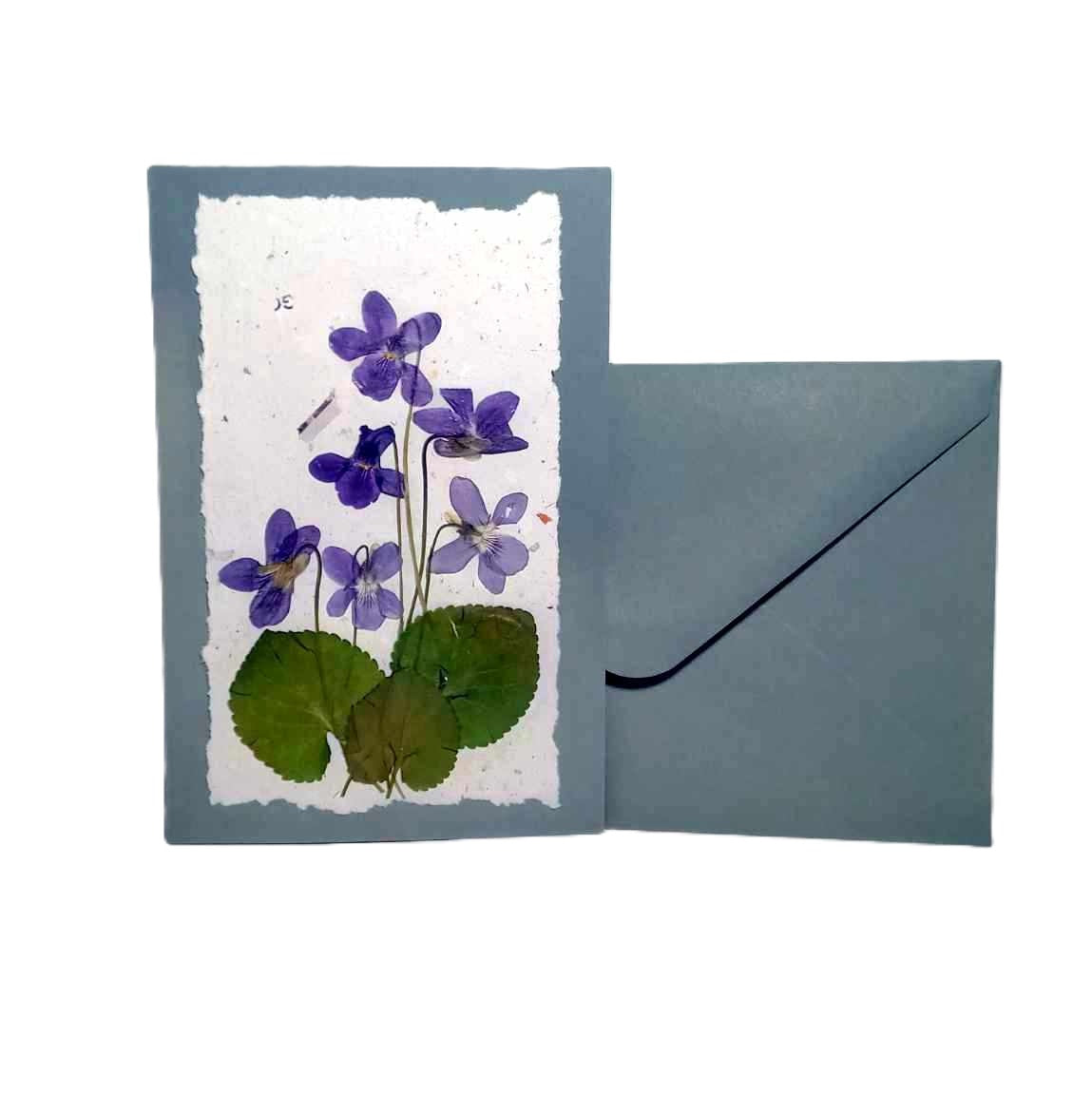 Dry Pressed Wild Flowers Botanical Card Handmade paper Herbarium Art with Envelope - Violets /natural