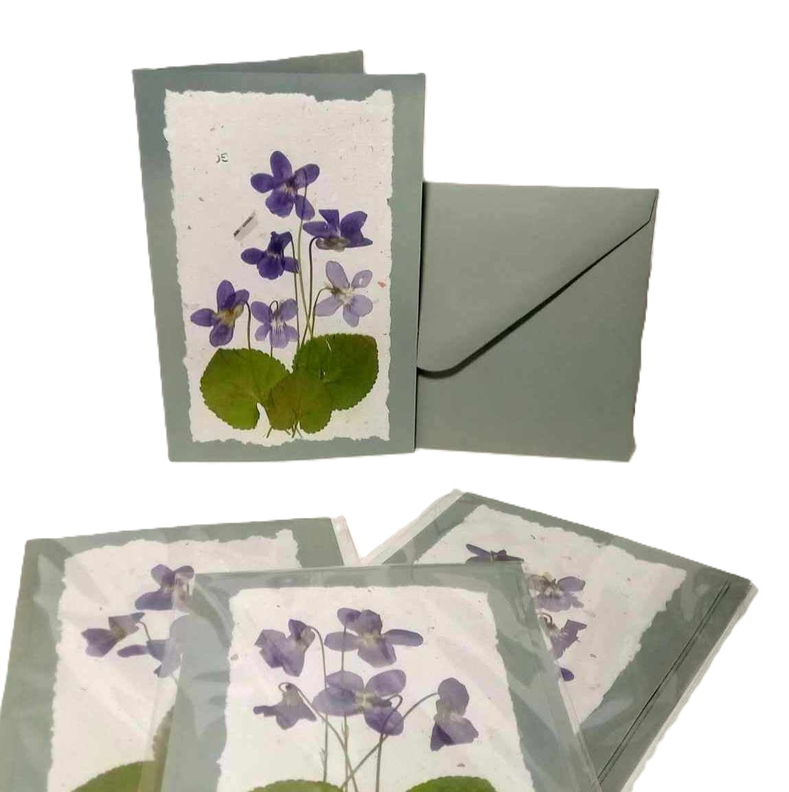 Dry Pressed Wild Flowers Botanical Card Handmade paper Herbarium Art with Envelope - Violets /green