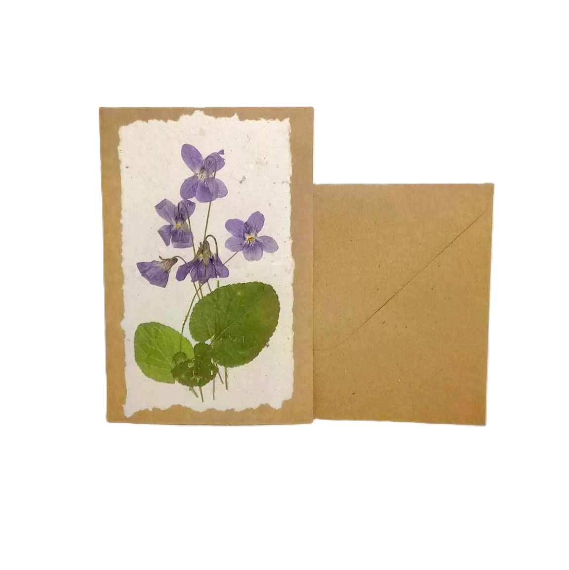Dry Pressed Wild Flowers Botanical Card Handmade paper Herbarium Art with Envelope - Violets /natural