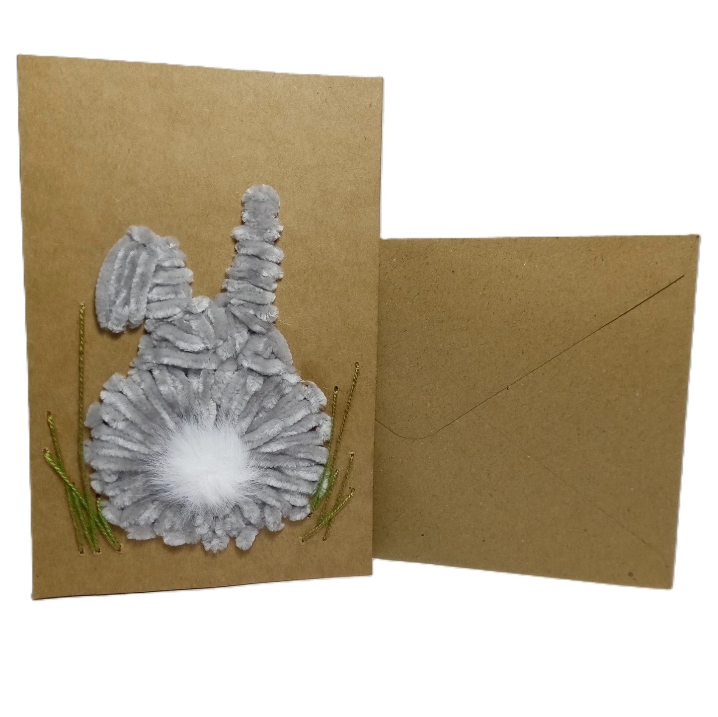 Hand-Stitched Embroidered greeting card Handmade Easterbunny eco kraft card set with envelope