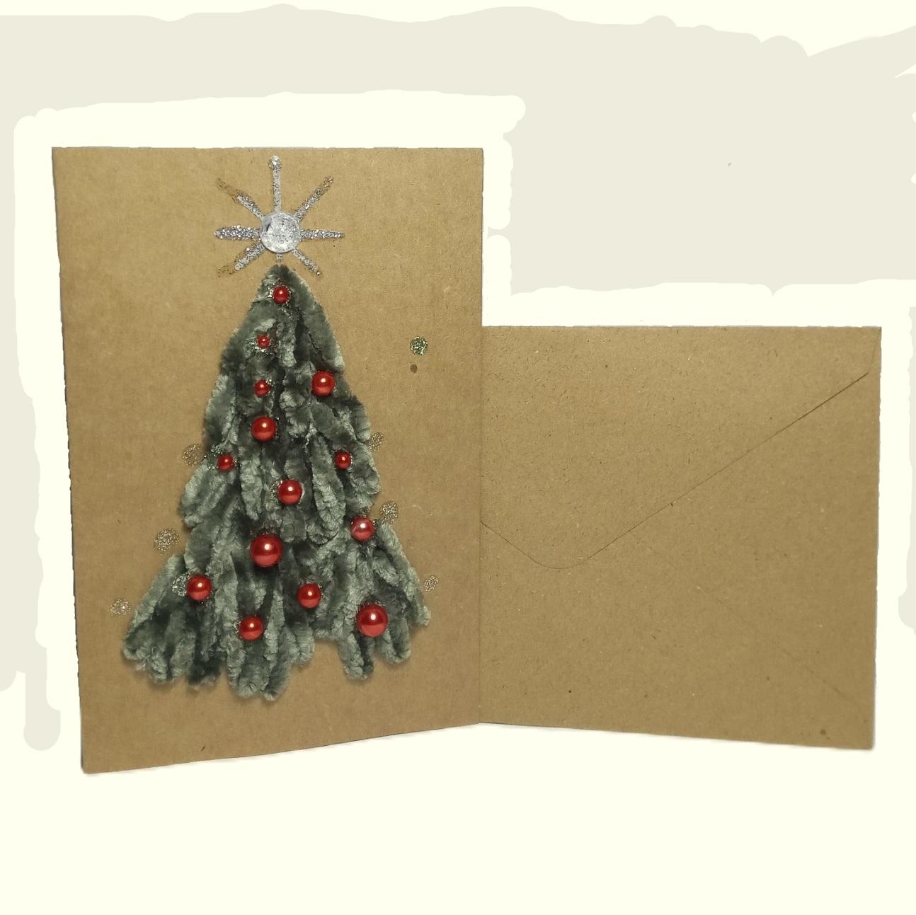 Embroidered greeting card Handmade Christmas tree Hand-Stitched eco kraft card set with envelope