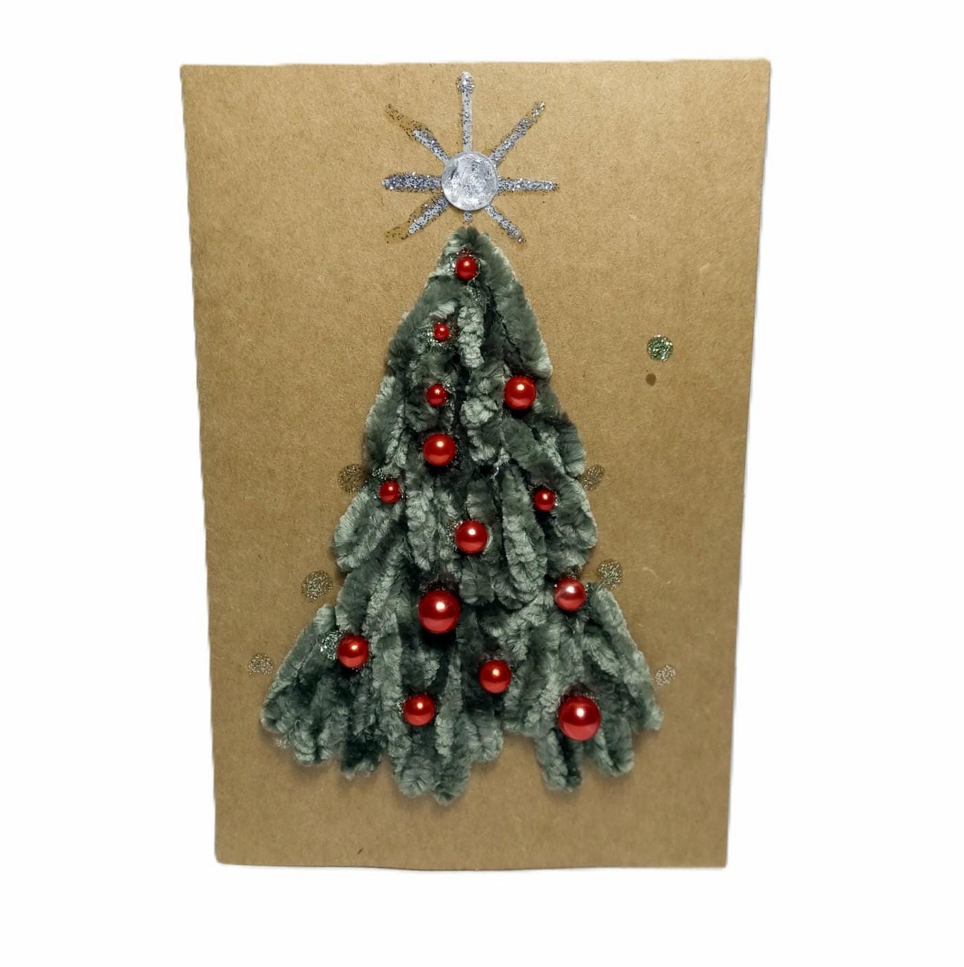 Embroidered greeting card Handmade Christmas tree Hand-Stitched eco kraft card set with envelope